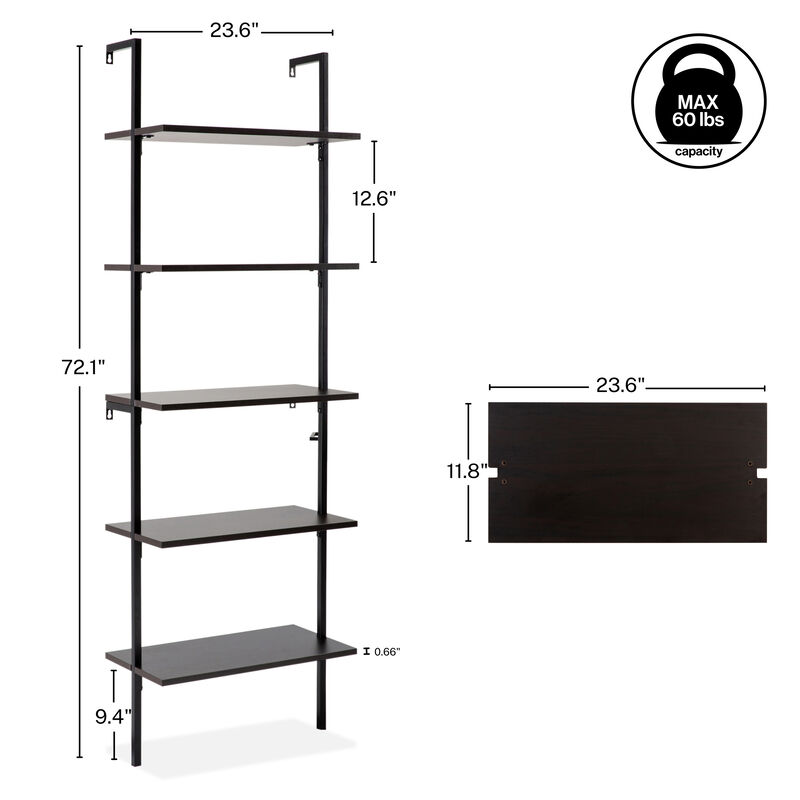 Madera  Industrial 5-Shelf Wood Wall-Mounted Open Ladder Bookcase