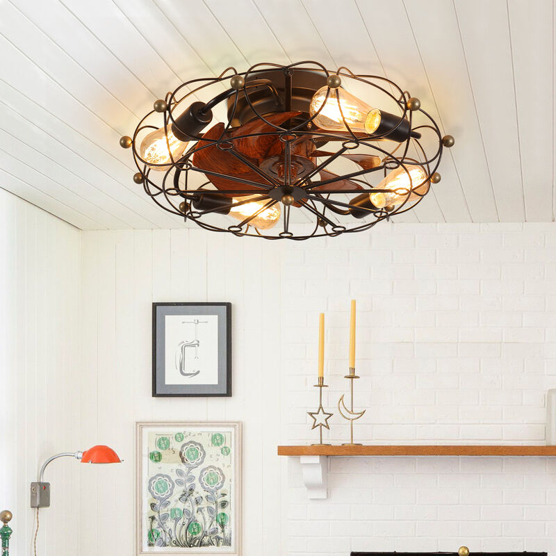 20" Low Profile Caged Ceiling Fan with Lights & Remote &ndash; Industrial Rustic Flush Mount Fan image number 4