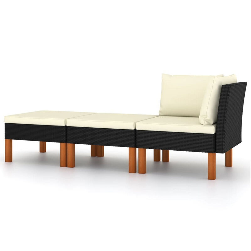 3pc Outdoor Modular Corner Sofa Set, Black Poly Rattan Ivory Polyester - Benzara