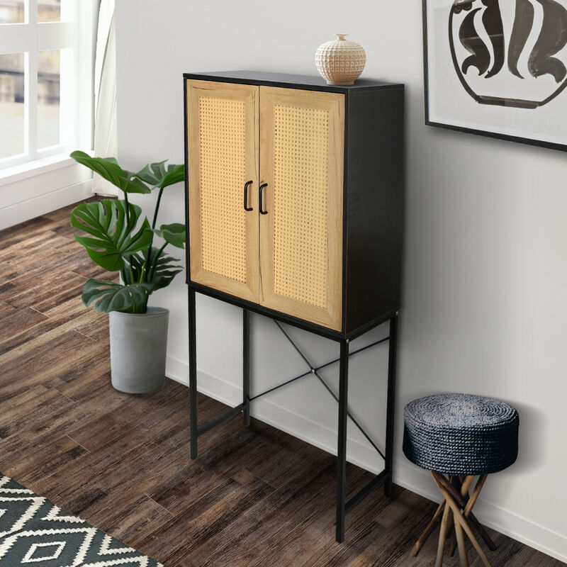 59" High Elegant Cabinet with 2 Rattan Doors Bedroom Living Room Kitchen Cupboard Wooden Furniture with 3-Tier Shelving X-Shaped Supporting Bars Easy Assembly Nature Color
