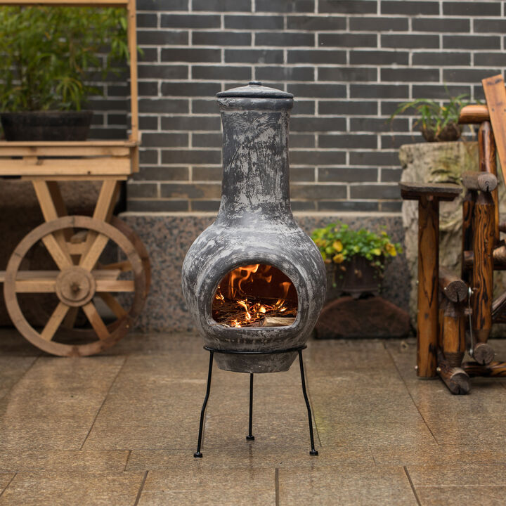 Gray Outdoor Clay Chiminea Outdoor Fireplace Stoney Scribbled Design Charcoal Burning Fire Pit with Sturdy Metal Stand, Barbecue, Cocktail Party, Family Gathering, Cozy Nights Fire Pit