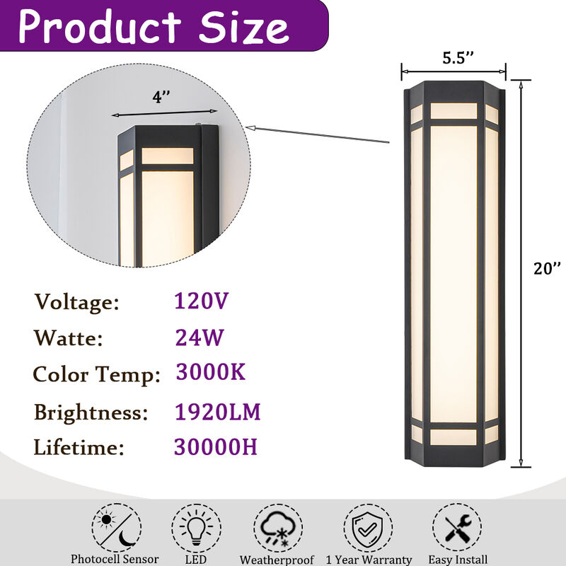 H20" Modern Craftsman Style Exterior Wall Sconce in Black with Frosted Acrylic Shade 24W Integrated LED Outdoor Wall Light image number 5