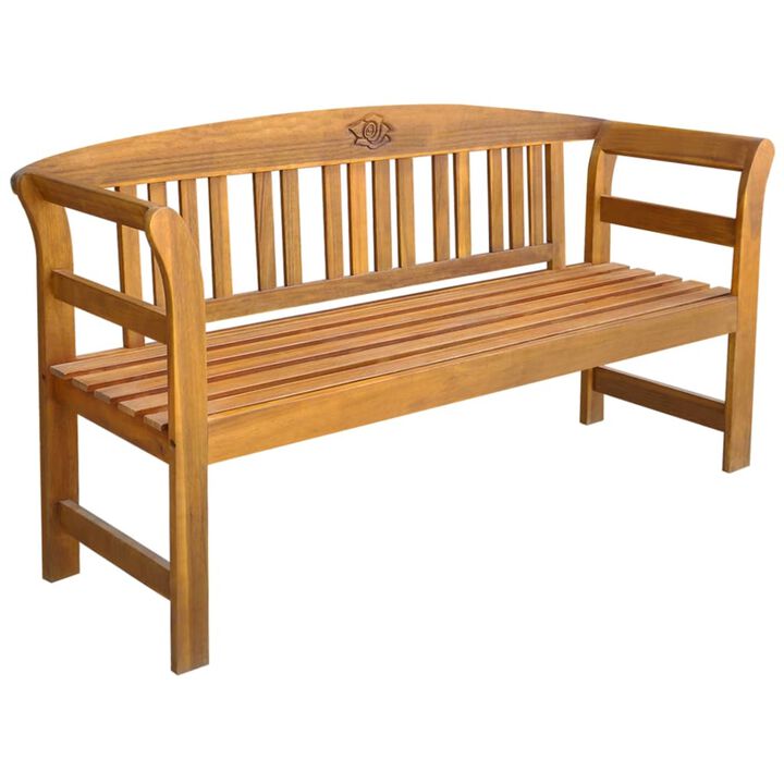 vidaXL Solid Acacia Wood Patio Bench, 61.8" Outdoor Seating Furniture with Comfort Cushioned Beige, Engraved Rose Design, Retro Style, Complementary to Lawn or Garden.