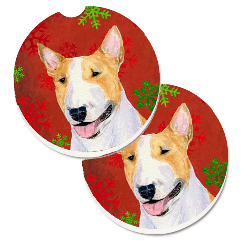 Caroline's Treasures Bull Terrier Red & green Snowflakes Holiday Christmas Set of 2 Cup Holder Car Coasters SS4703CARC, 2.56, Multicolor image number 0