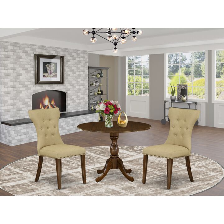 East West Furniture East West Furniture DMGA3-AWA-03 3 Piece Modern Dining Table Set Contains 1 Drop Leaves Dining Table and 2 Brown Linen Fabric Kitchen Chair Button Tufted Back with Nail Heads - Acacia Walnut Finish