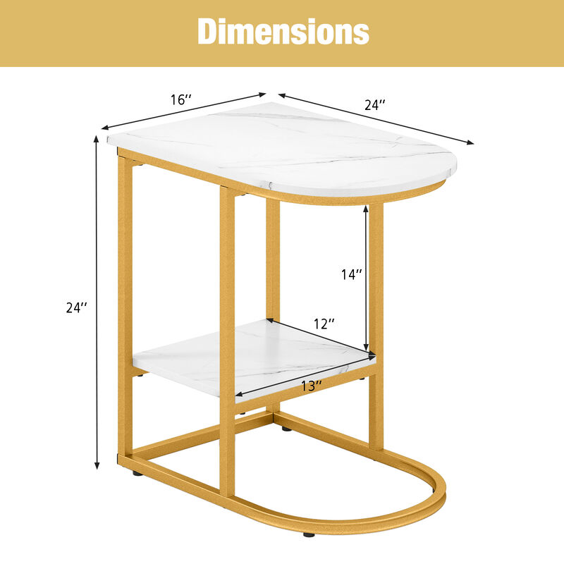 Space-Saving C-Shaped Sofa Side Table with Faux Marble and Storage Shelf