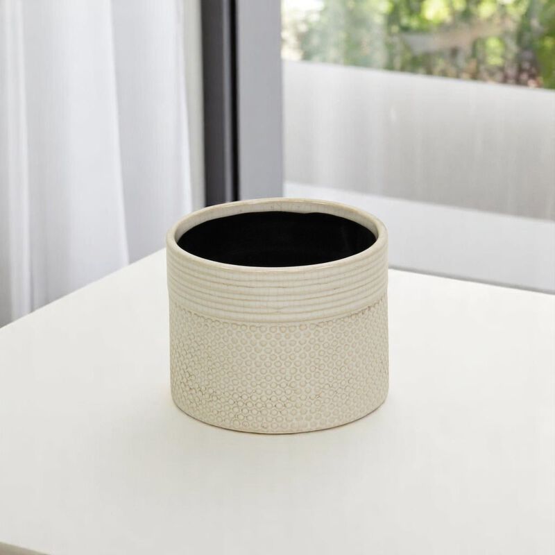 HomeRoots Off White Ceramic 42 Ounce Dotted Round Distressed Pot Planter image number 1