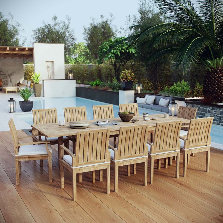 Modway EEI-3283-NAT-WHI-SET Marina Premium Grade A Teak Wood 11-Piece Outdoor Patio Dining Furniture Set, Ten Folding Armchair/One Table, Natural White