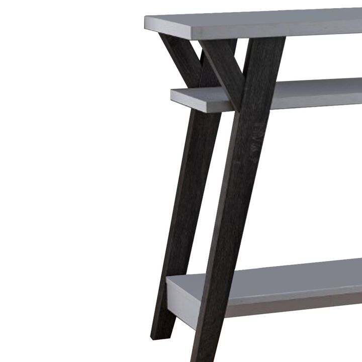 Wooden Console Table With 2 Lower Shelves, White And Distressed Gray-Benzara