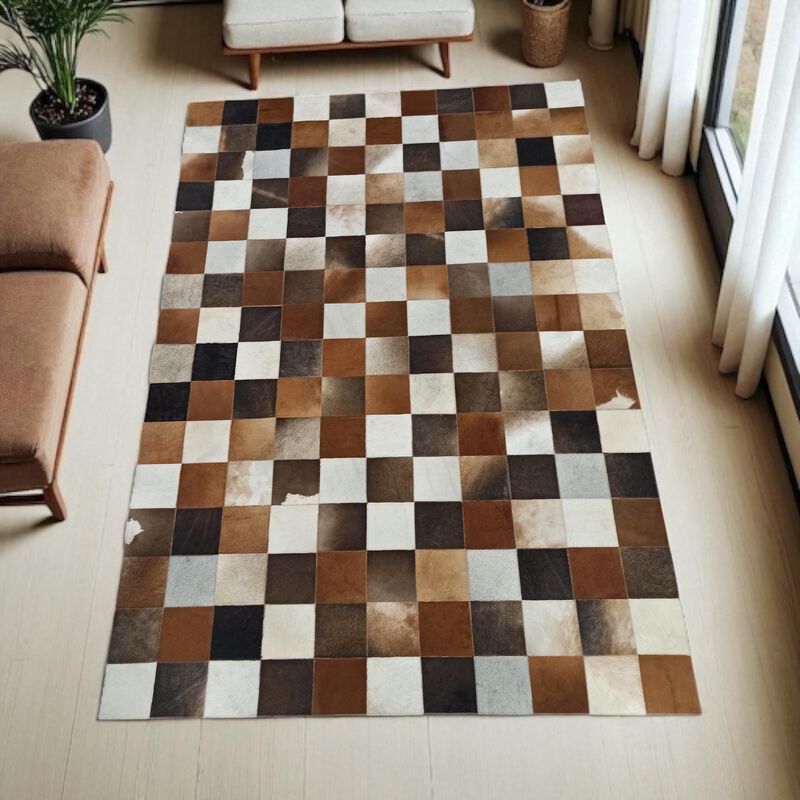 Brown White Cowhide Patchwork Rug image number 4