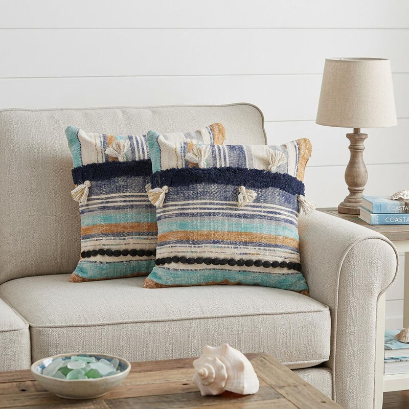 HomeRoots Set of Two Blue Striped Cotton Throw Pillow With Tassels image number 1