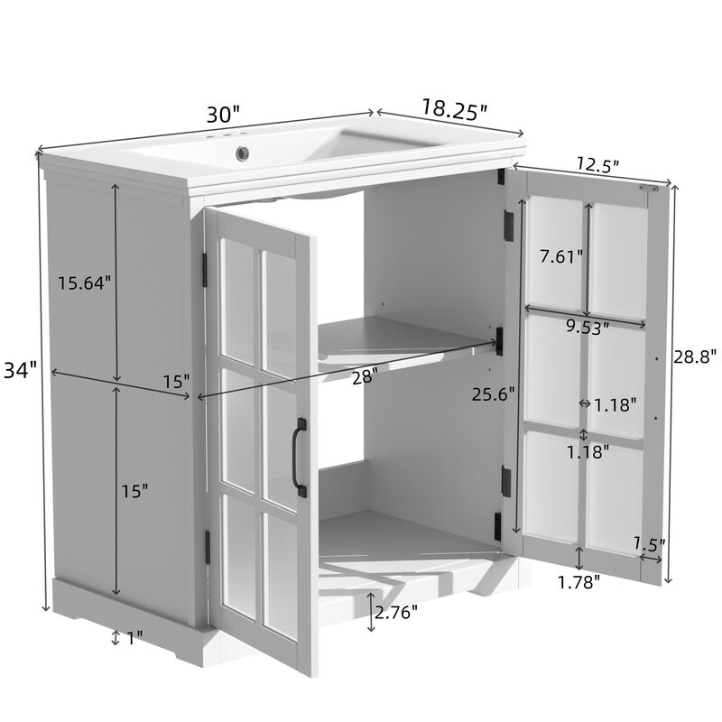 30" Modern Bathroom Vanity with Ceramic Sink, White