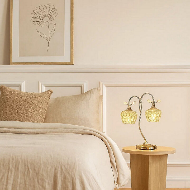 Floral Tree Design Metal Table Lamp with Dome Shade and Crystals, Gold - Benzara