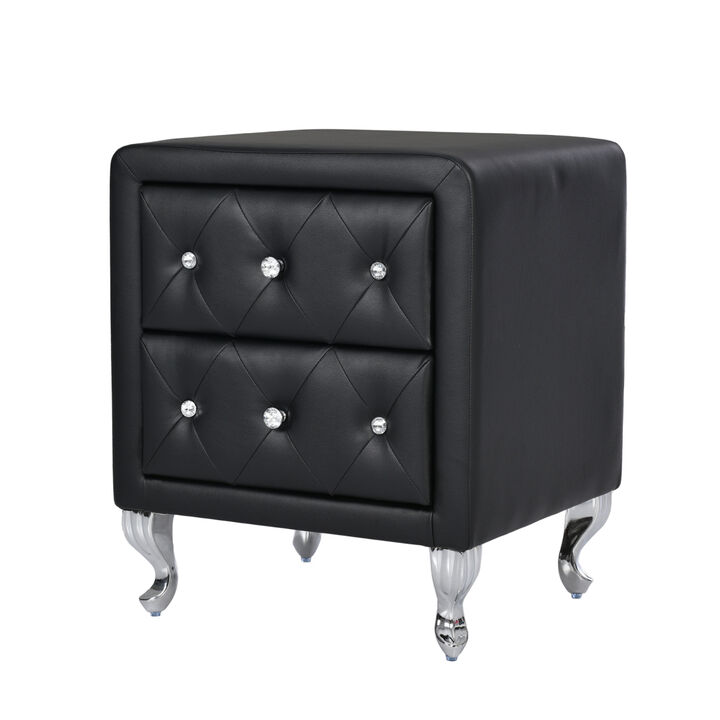 Elegant PU Nightstand with 2 Drawers and Crystal Handle, Fully Assembled Except Legs Handles, Storage Bedside Table with Metal Legs - Black