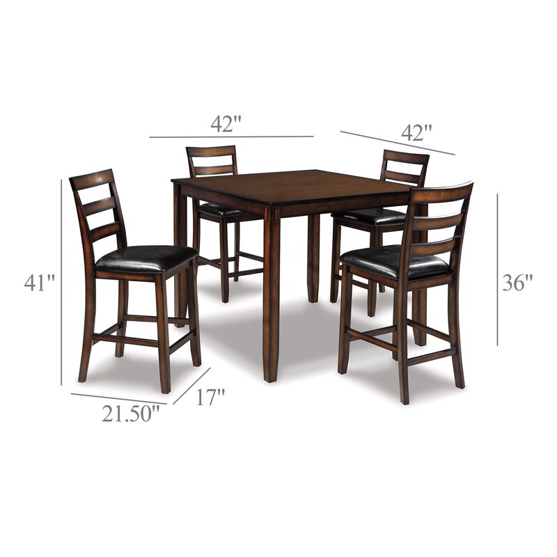Covvi 5pc Counter Height Dining Table Set, Ladder Chairs, Brown Wood - Benzara