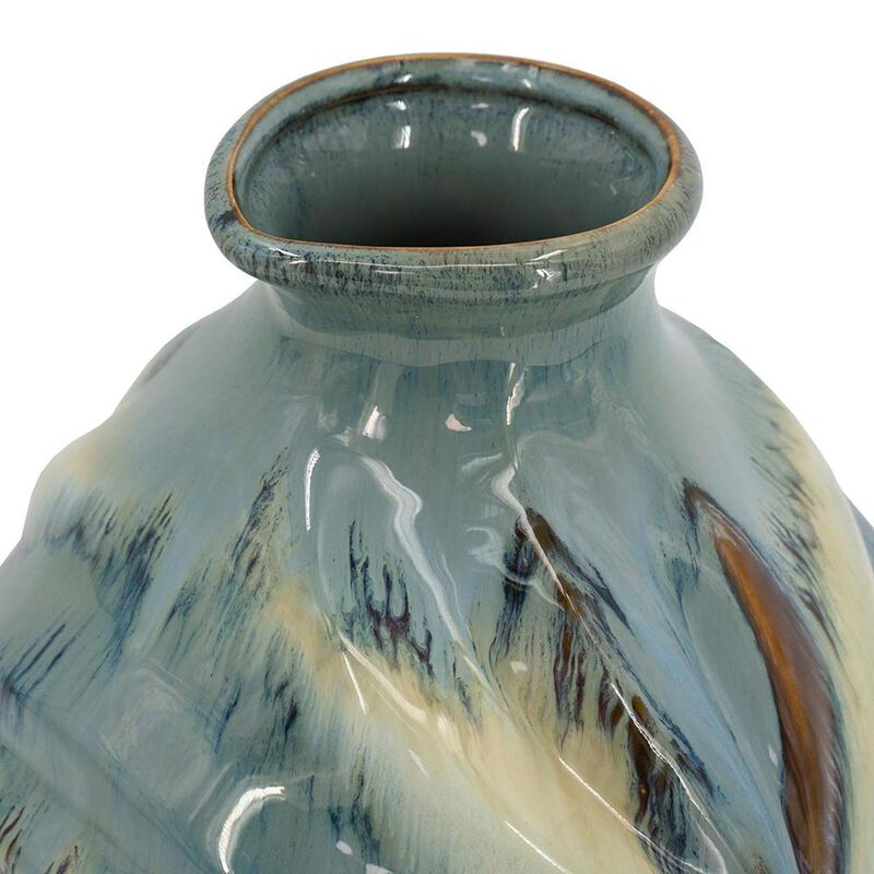 HomeRoots 11" Blue Beige And Brown Abstract Round Ceramic Table Vase image number 5