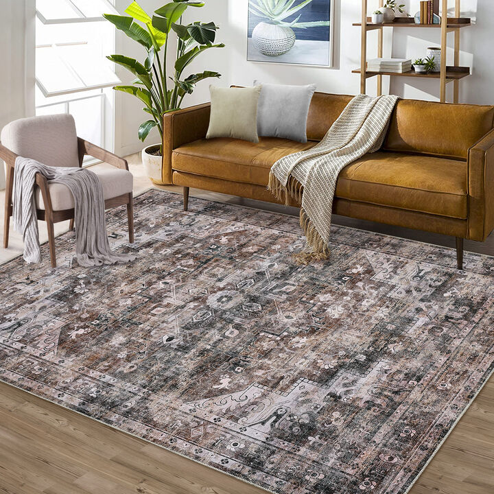 8x10 FT Area Rug Machine Washable Rug for Living Room Vintage Medallion Distressed Indoor Non Slip Low Pile Traditional Medallion Border Rugs with Stain Resistant