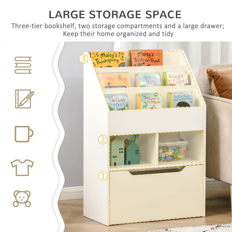 White Kids' Bookshelf: Multi-Shelf Organizer with Drawer
