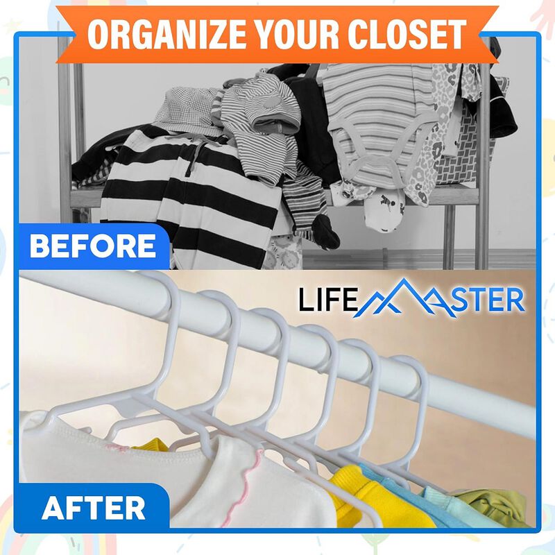 Lifemaster Plastic Kids Clothes Hanger &ndash; Children Clothes Hanger with Shoulder Notch, 11.6 Inch Space-Saving Closet Organizer for Baby, Toddler, and Kids Clothing, Hold Up to 4 lbs, Pack of 50, White