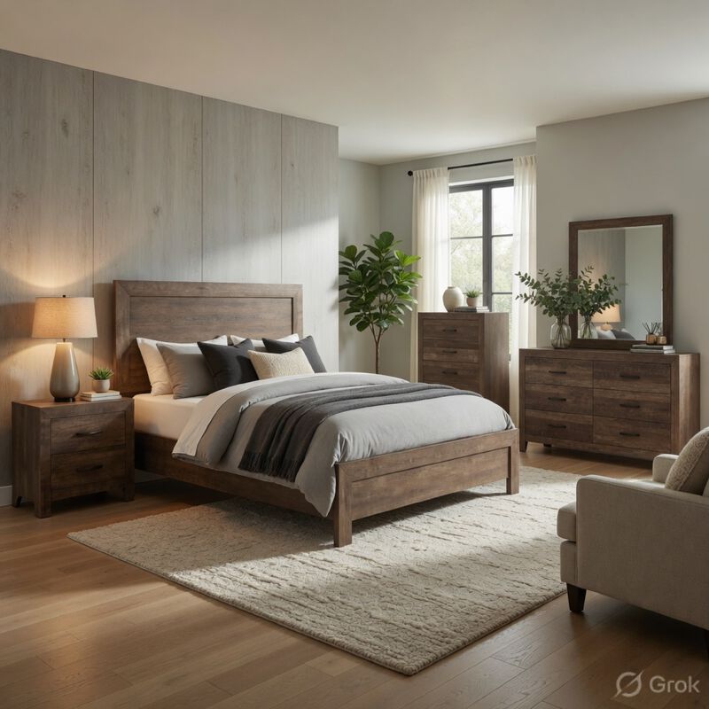 Queen Size Bedroom Set, Brown Finish, Panel Design, 5-Piece Set with Bed, 2 Nightstands, Dresser and Chest image number 1