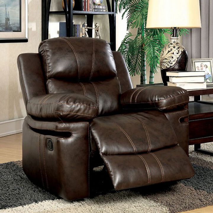 41 Inch Manual Recliner Chair, Brown Bonded Leather, Contrast Stitching-Benzara