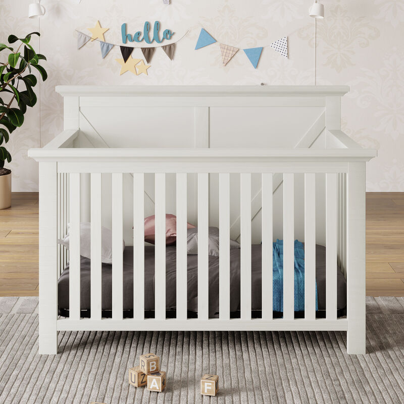 Rustic Farmhouse Style 4-in-1 Convertible Baby Crib - Converts to Toddler Bed, Daybed and Full-Size Bed, White