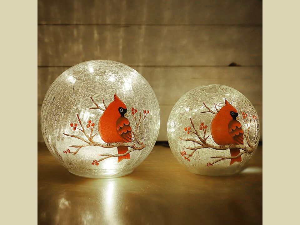 Crackle Glass Cardinal Table Lamp Battery Operated Stained Glass Bird Decor