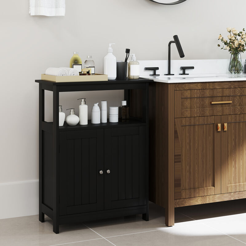 Small Bathroom Floor Cabinet with Open Storage Compartment and Closed Shelves