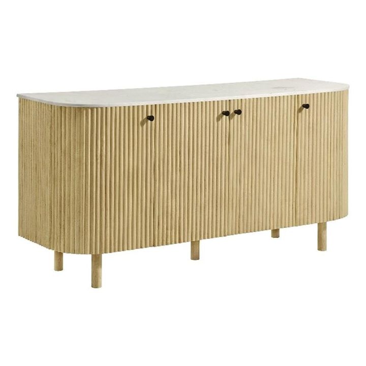 Modway Caldera 60-Inch Curved Solid Wood Fluted Sideboard in Natural with Marble Top &ndash; Large 4-Door Storage Accent Cabinet with Adjustable Shelves
