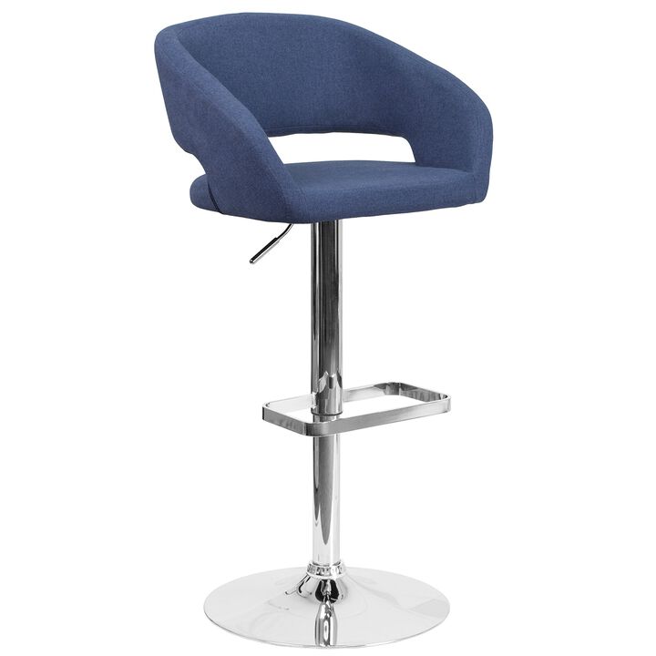 Flash Furniture Erik Comfortable & Stylish Contemporary Barstool with Rounded Mid-Back and Foot Rest, Adjustable Height - Blue Fabric with Chrome Base