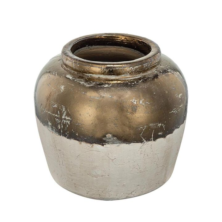 HomeRoots 11" Antiqued Bronze And Light Gray Color Block Ceramic Round Table Vase