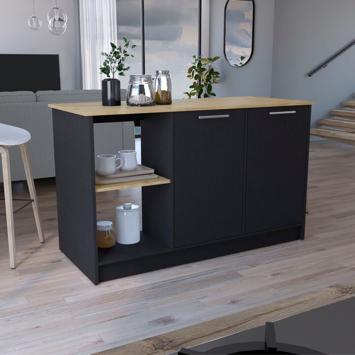 Juniper Kitchen & Dining room Island with Large Top Surface, Double Door Cabinet, and Open Shelves -Black/Macadamia