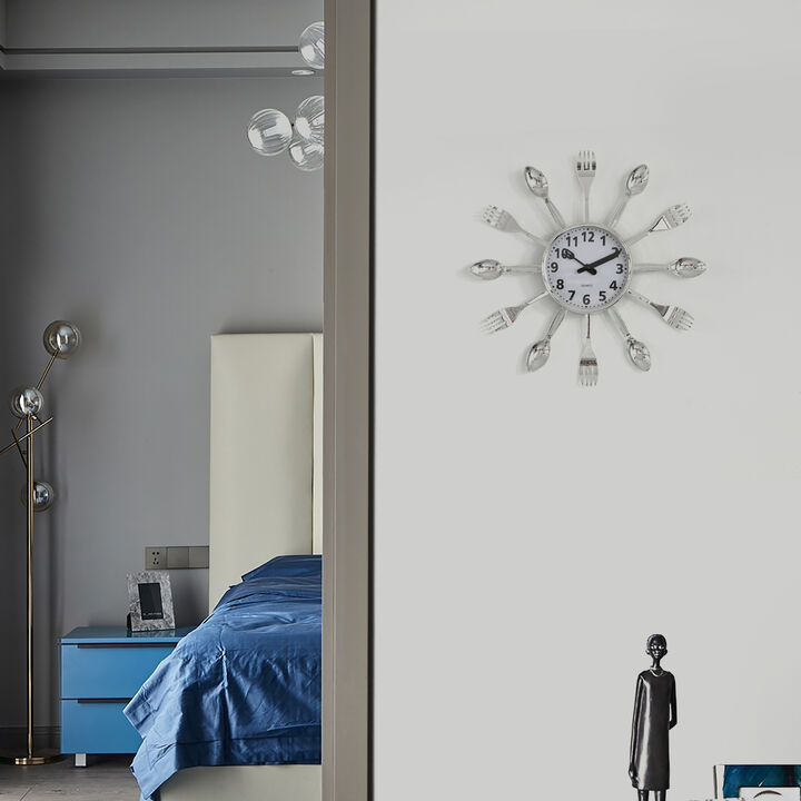 Decorative 3D Cutlery Utensil Spoon and Fork Wall Clock for Kitchen, Playroom or Bedroom, Multicolor