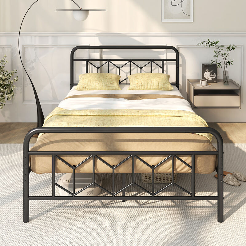 Minimalist Platform Bed with Tall Headboard and Snap Lock Metal Slats