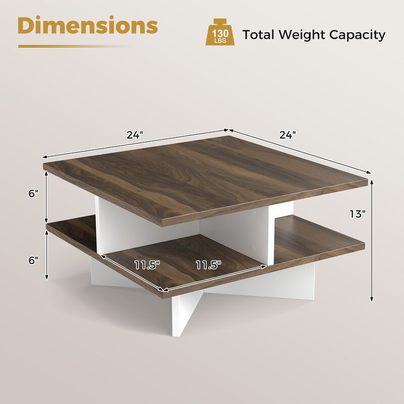 Functional Square Coffee Table with Dual Shelves and 4 Open Storage Sections