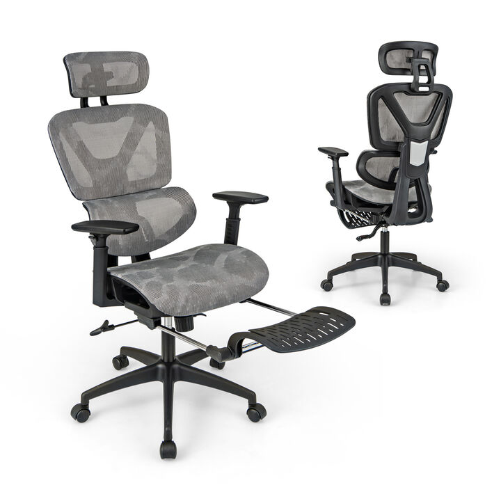 Mesh Office Chair with Tilting Backrest and Retractable Footrest-Grey