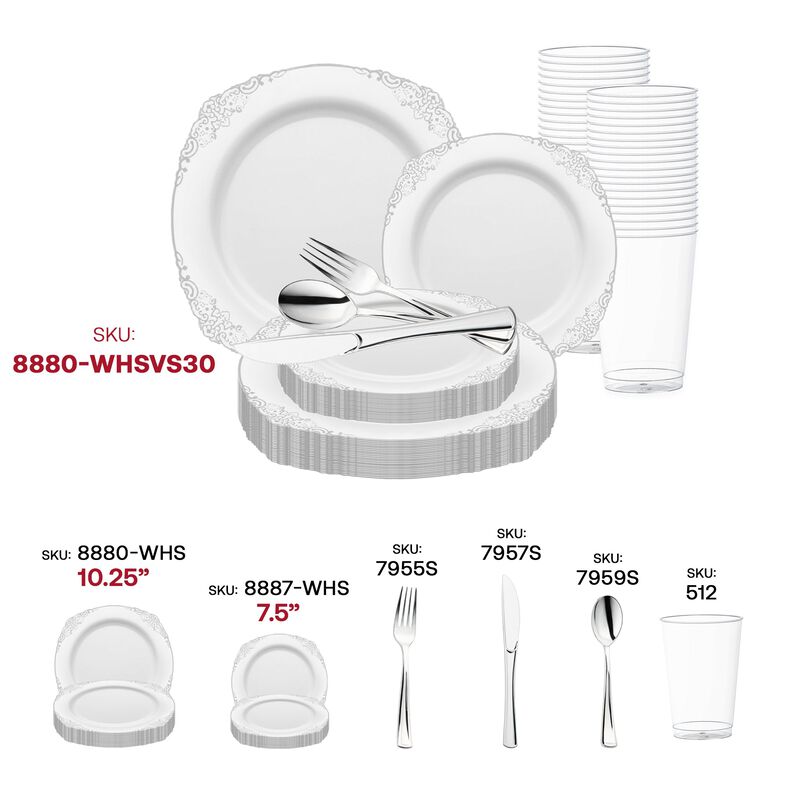 White with Silver Fancy Round Plastic Wedding Value Set (120 Sets) image number 5