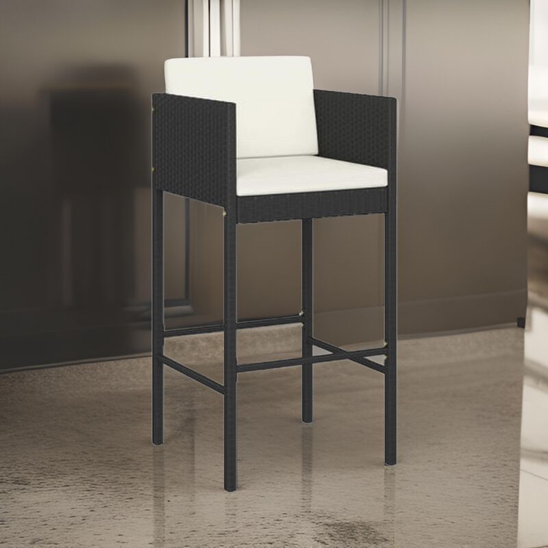 Outdoor Barstool Chair Set of 4, White Fabric Cushions, Black Rattan - Benzara