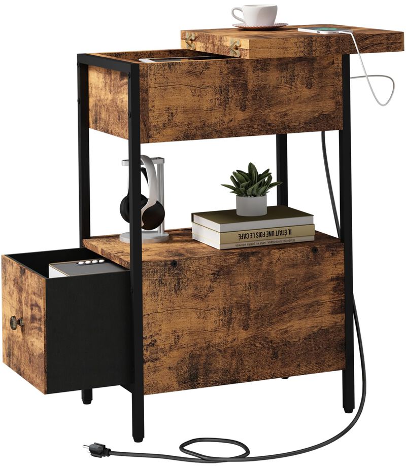 SOOWERY End Table with Charging Station, Narrow Side Table with Flip Top Cabinet and Fabric Drawer, Nightstand Bedside Tables fo