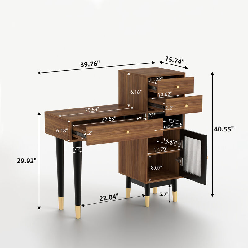 Wooden Makeup Vanity Desk with 3 Drawers, 1 Storage Shelf and 1 Door & Metal Legs for Bedroom, Apartment 39.76", Walnut image number 6
