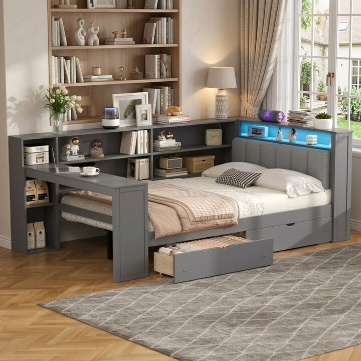 Whisen Full Size Platform Bed with Storage Shelves, Drawers & Charging Station, Solid Wood+MDF with LED & Desk, Upholstered Headboard for Bedroom