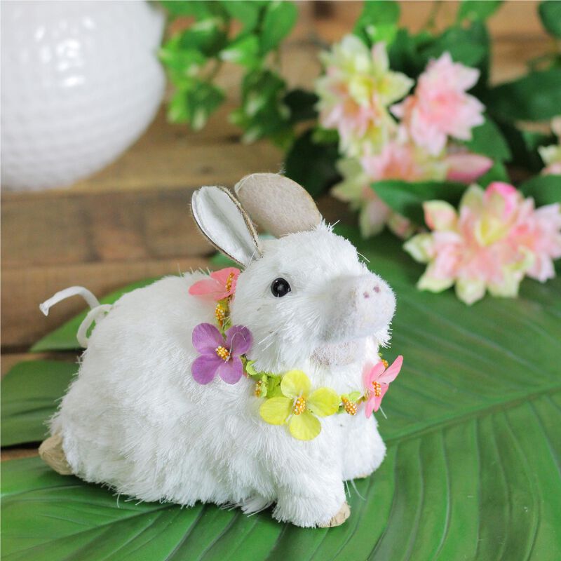 6.5" White Sisal Piglet with Floral Lei Spring Figure