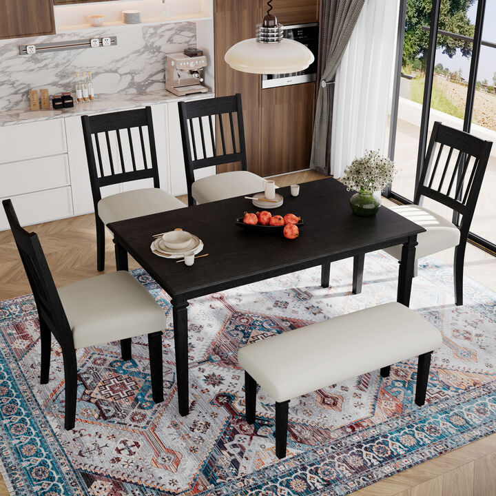 Merax 6-Piece Retro Dining Room Set, Classic Kitchen Furniture Set, Wooden Rectangular Table and 4 Chairs with Bench for kitchen