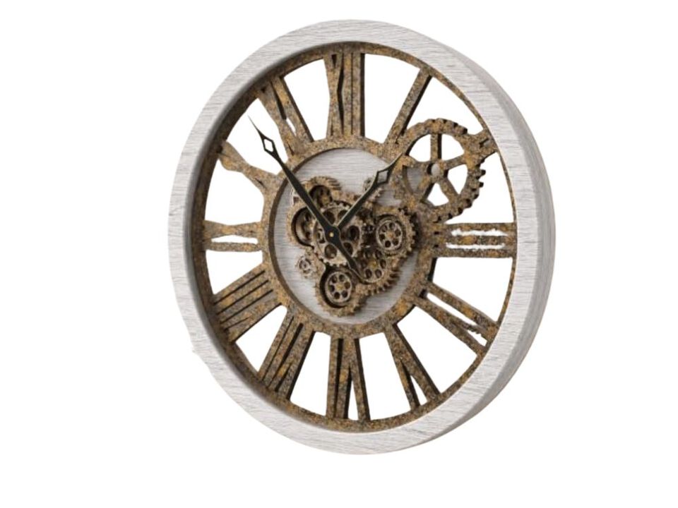 Style Silver Gray Real Moving Gears Wall Clock 30 Inch Wood Vintage