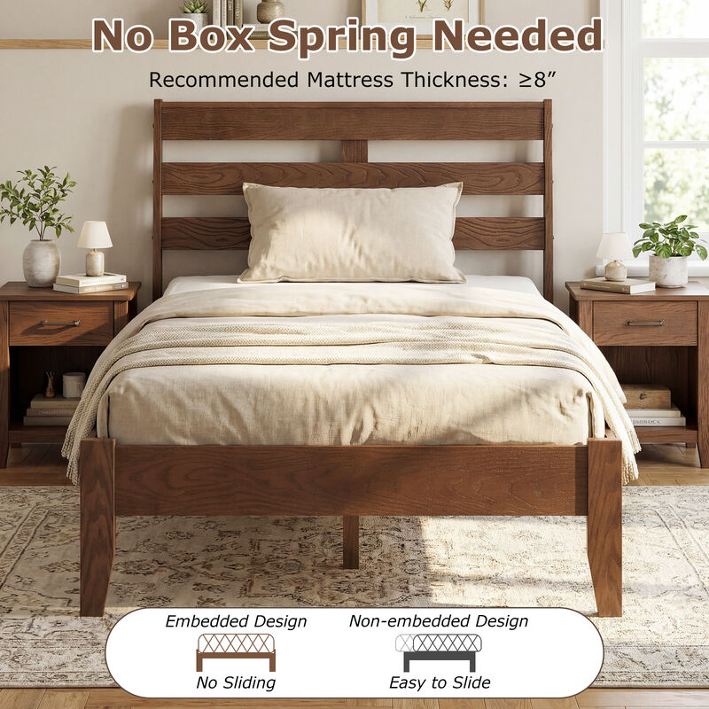 Twin Wooden Platform Bed Frame with Slatted Headboard Design image number 5