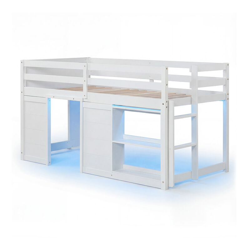 Low Kids Loft Bed with LED Lights and 2 Door Storage Wooden Frame image number 0