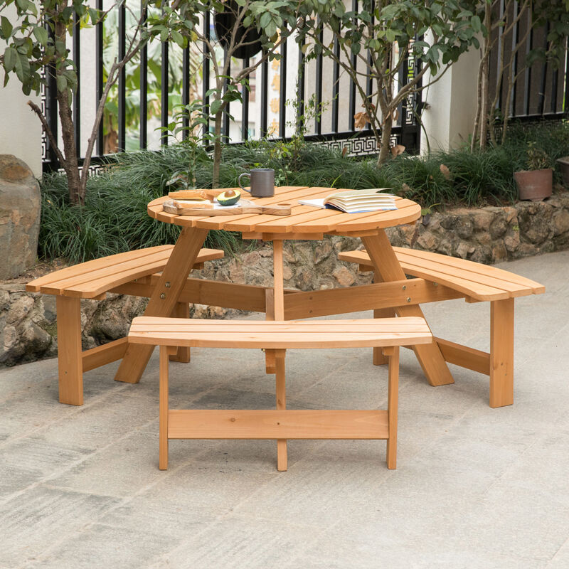 Wooden Outdoor Round Picnic Table with Bench for Patio, 6- Person with Umbrella Hole - Stained