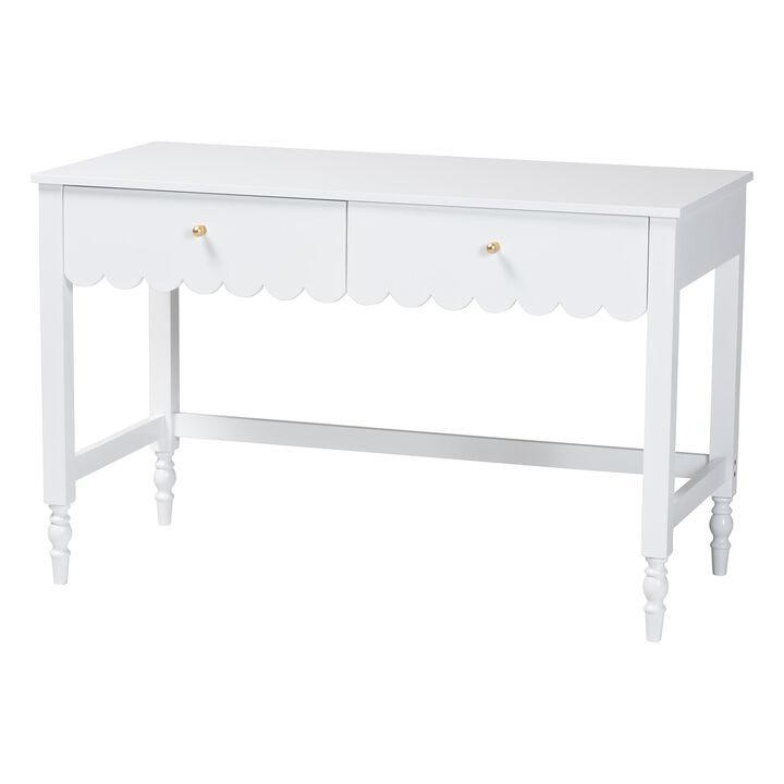 Baxton Studio Roni Writing Desk with Drawers - Modern Cottage Style Desk with Scalloped Detailing for Home Office or Vanity, White