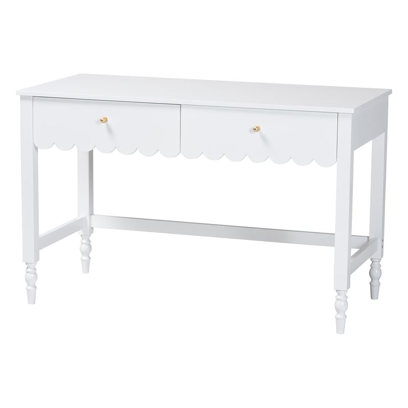 Baxton Studio Roni Writing Desk with Drawers - Modern Cottage Style Desk with Scalloped Detailing for Home Office or Vanity, White image number 0