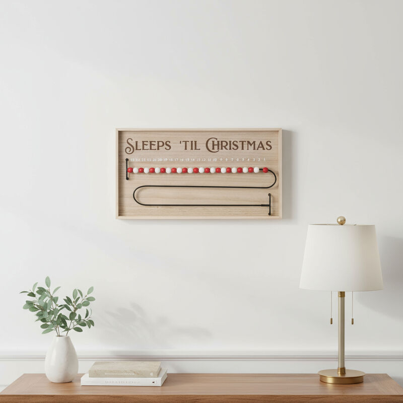 HomeRoots 11" X 20" Natural And Red  Wood Sleeps 'Til Christmas Advent Calendar Hanging Wall Decor image number 1